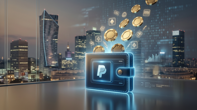 Futuristic PayPal casino payment interface with digital wallet and golden chips