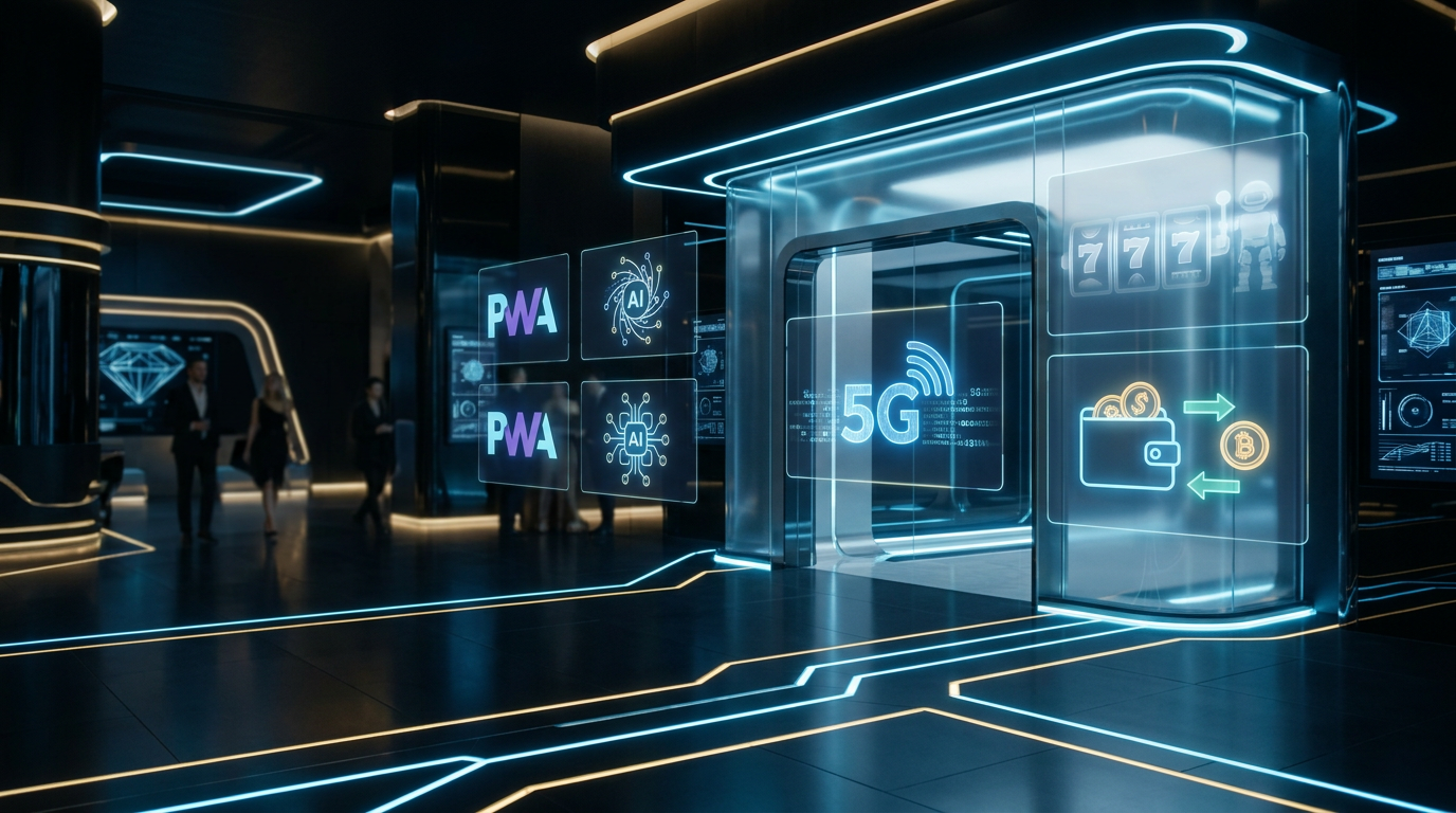 Futurystyczny interfejs kasyna online 2026 z technologią PWA i AI.