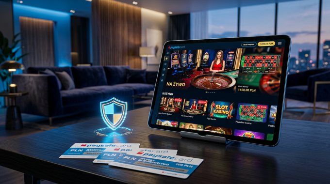Nowoczesny tablet z widokiem kasyna online i bezpiecznymi metodami płatności Paysafecard.