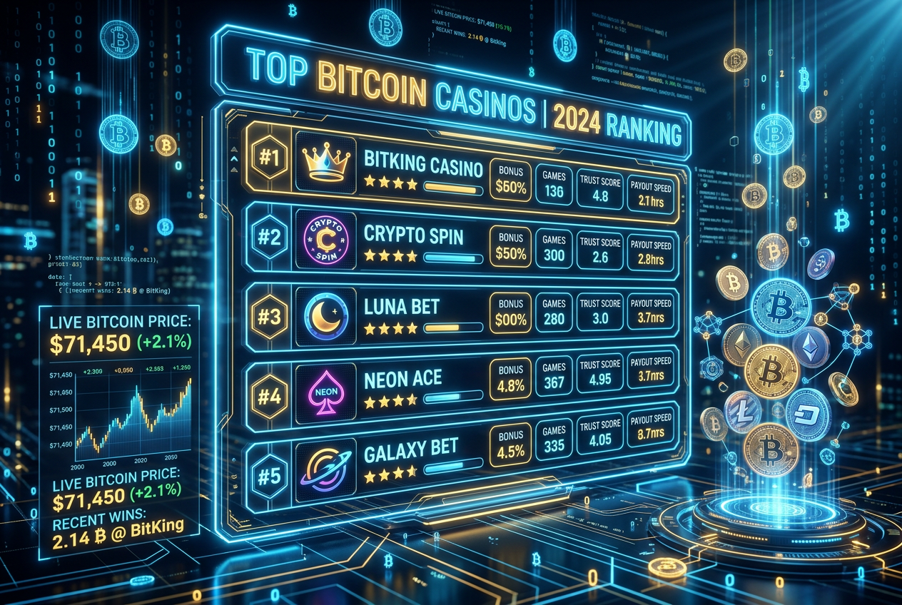 Futuristic Bitcoin casino interface with digital blockchain data streams and golden BTC coins