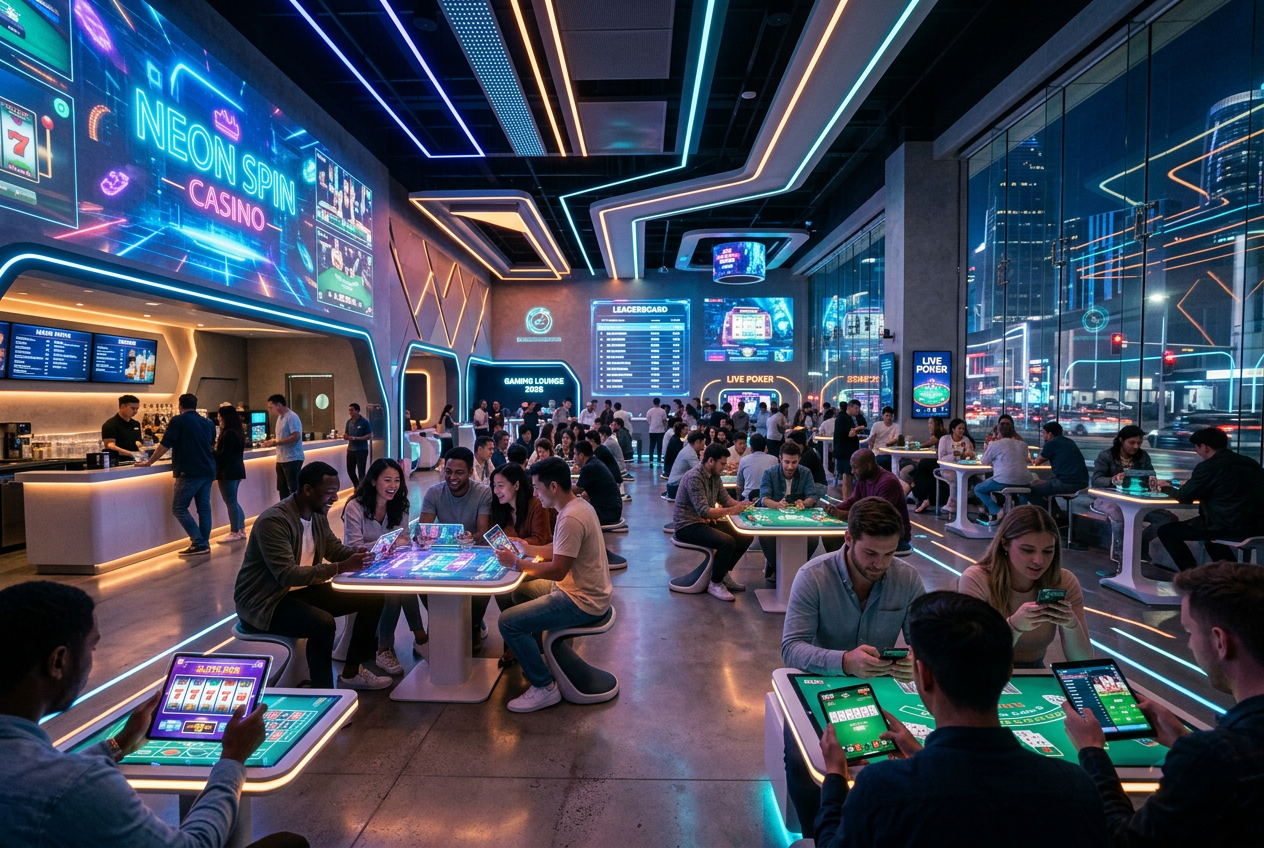 Futurystyczne centrum gamingowe w 2026 roku, gracze korzystający z mobilnych platform hazardowych w otoczeniu neonowej architektury cyfrowej