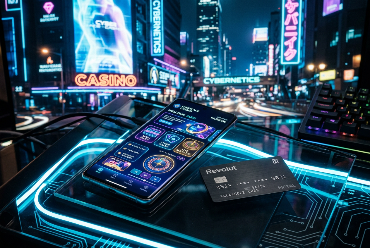 Modern smartphone displaying a casino app with a Revolut Metal card on a neon lit desk