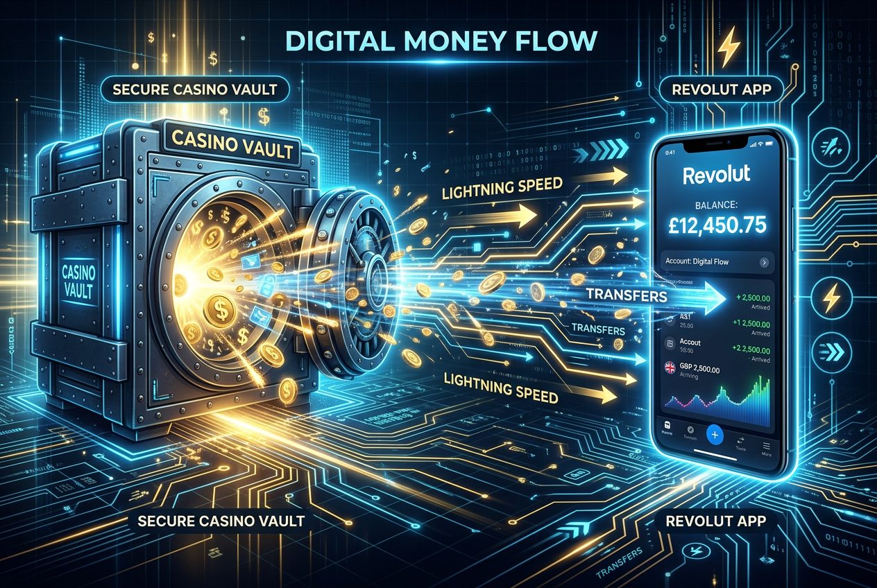 Digital infographic showing money transfer from casino to Revolut app at high speed