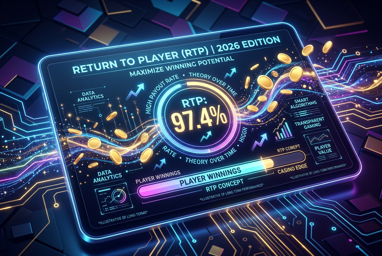 Infografika przedstawiająca mechanikę RTP i monety w nowoczesnym automacie do gier 2026